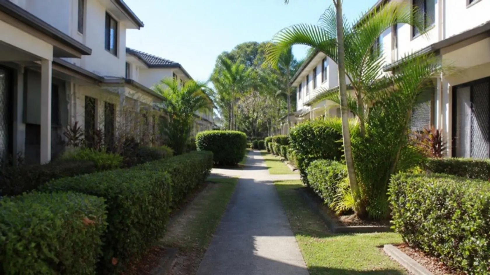 Mown lawns and clipped hedges in a townhouse complex
