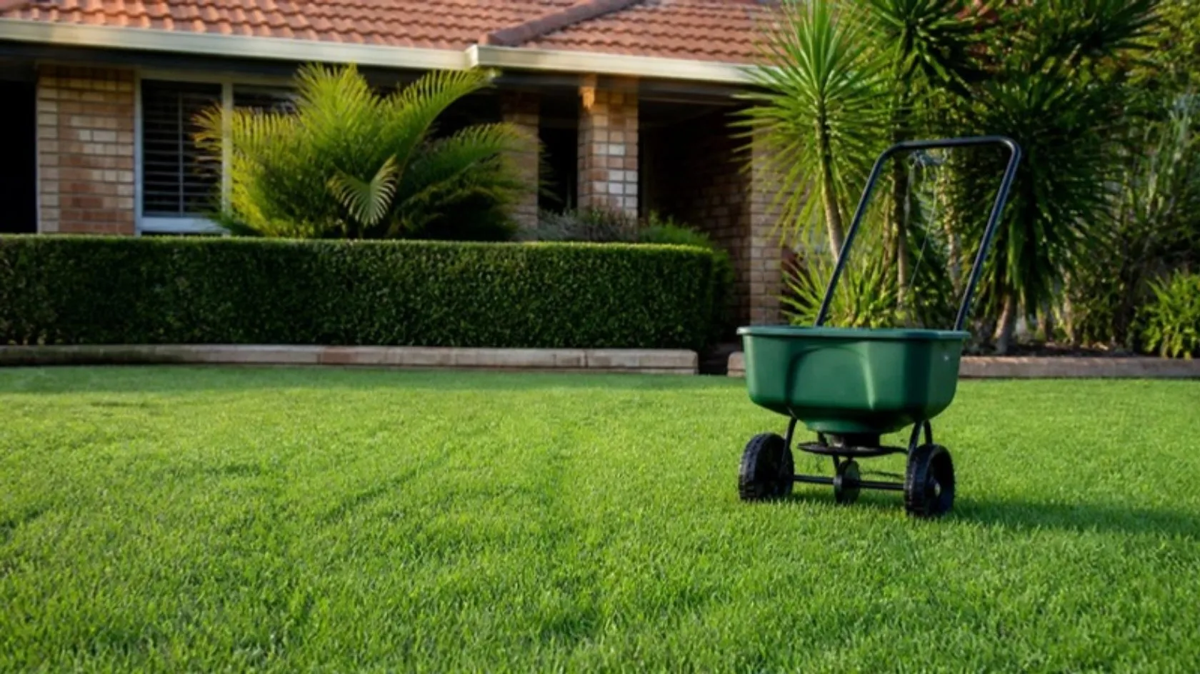 Fertiliser spreader on a healthy green front lawn