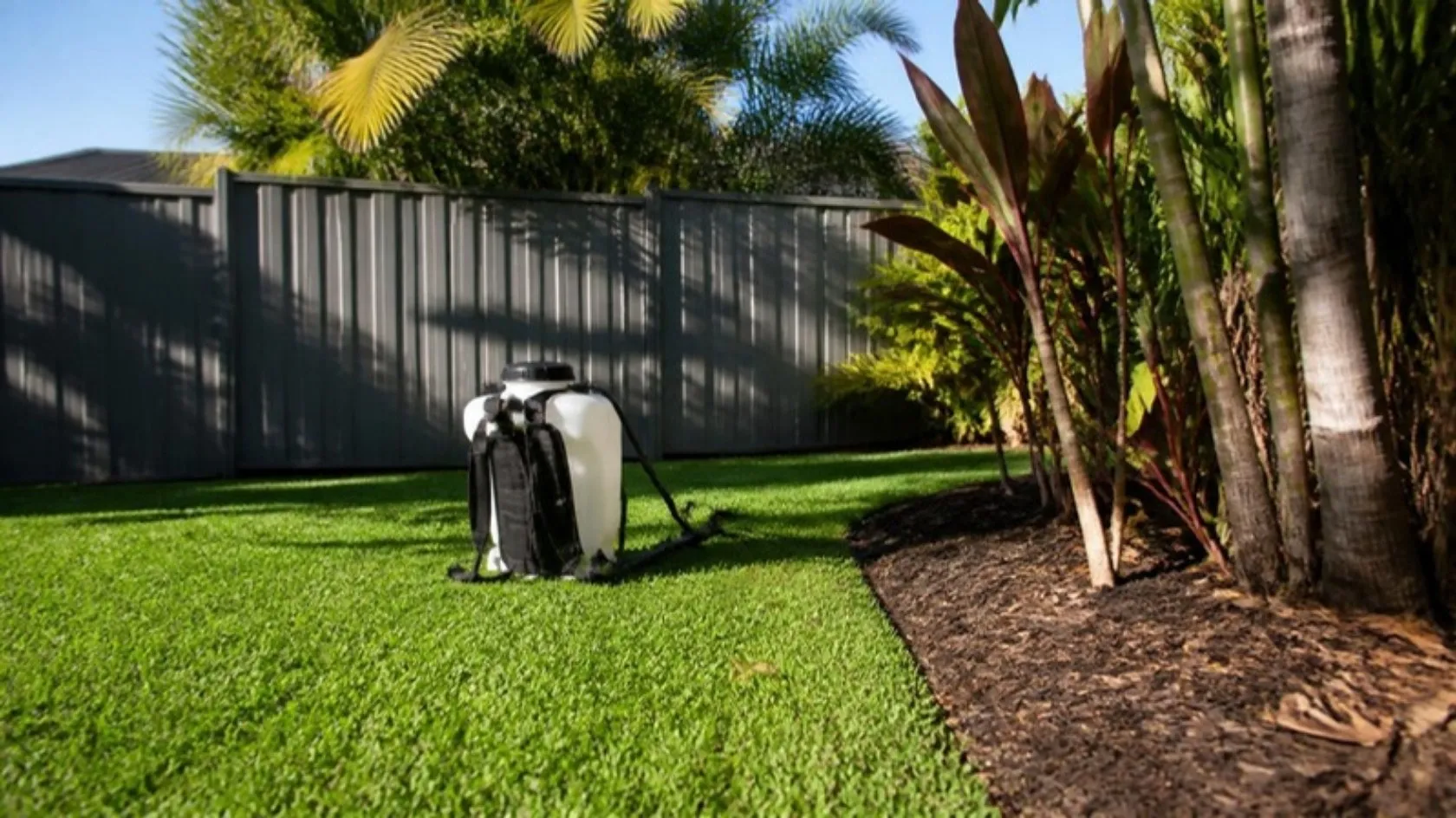 Green lawn and garden edge with a backpack sprayer