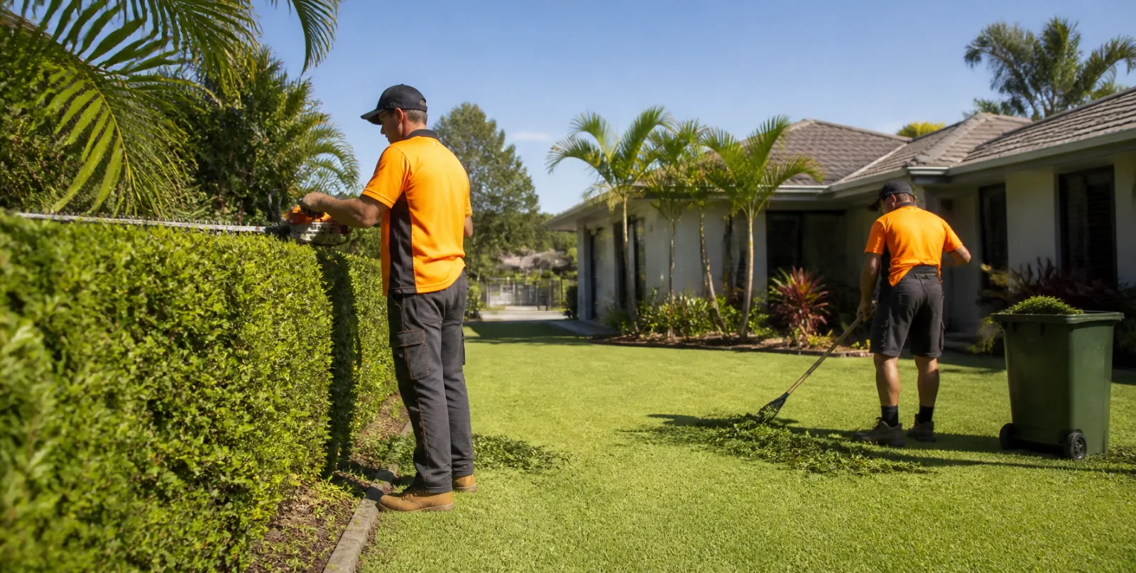 Two Empire crew members trimming a hedge and raking clippings on a Gold Coast lawn